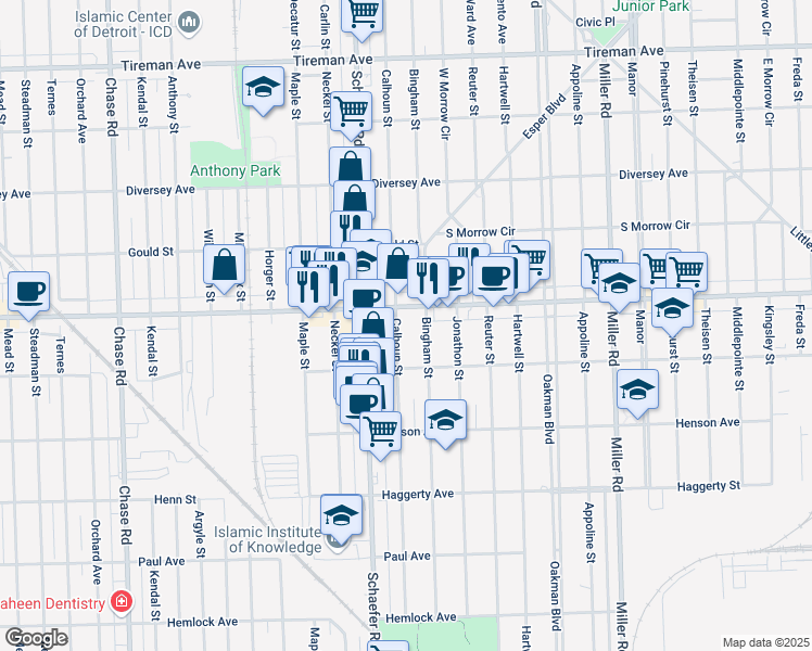 map of restaurants, bars, coffee shops, grocery stores, and more near 7127 Bingham Street in Dearborn