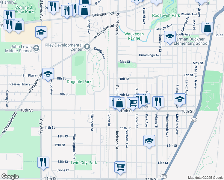 map of restaurants, bars, coffee shops, grocery stores, and more near 833 Commonwealth Avenue in Waukegan