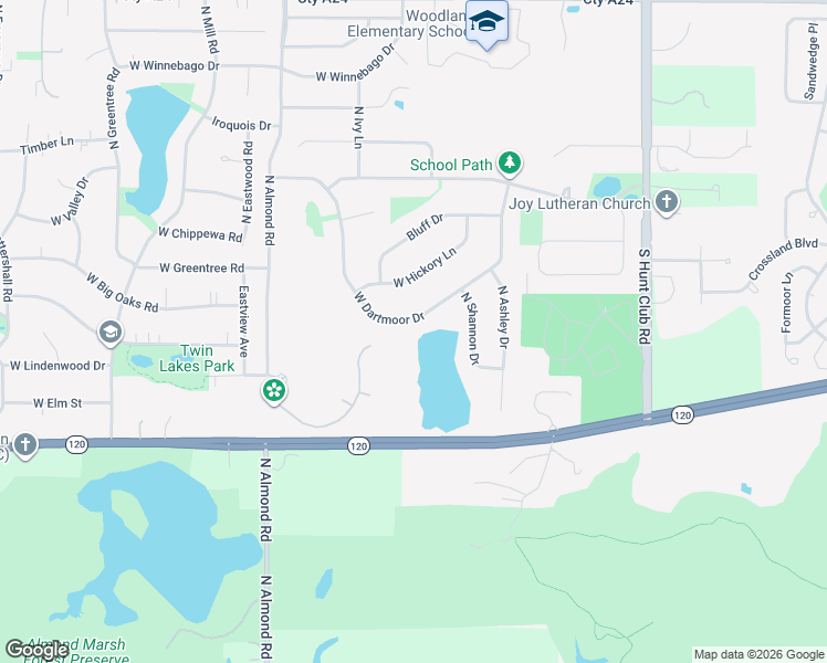map of restaurants, bars, coffee shops, grocery stores, and more near 17385 West Dartmoor Drive in Grayslake
