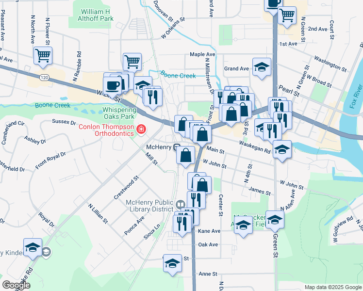 map of restaurants, bars, coffee shops, grocery stores, and more near 3931 Main Street in McHenry