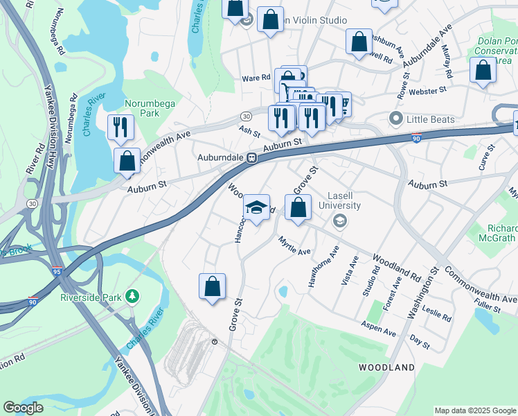 map of restaurants, bars, coffee shops, grocery stores, and more near 71 Woodland Road in Newton