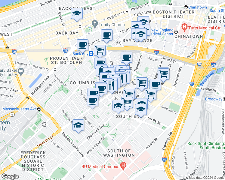 map of restaurants, bars, coffee shops, grocery stores, and more near 583 Tremont Street in Boston