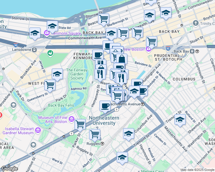 map of restaurants, bars, coffee shops, grocery stores, and more near 29 Symphony Road in Boston