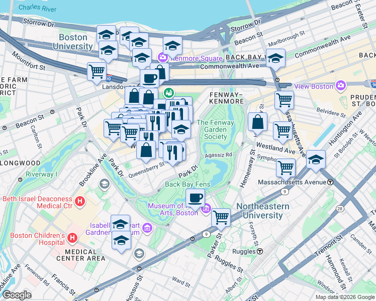 map of restaurants, bars, coffee shops, grocery stores, and more near 11 Queensberry Street in Boston