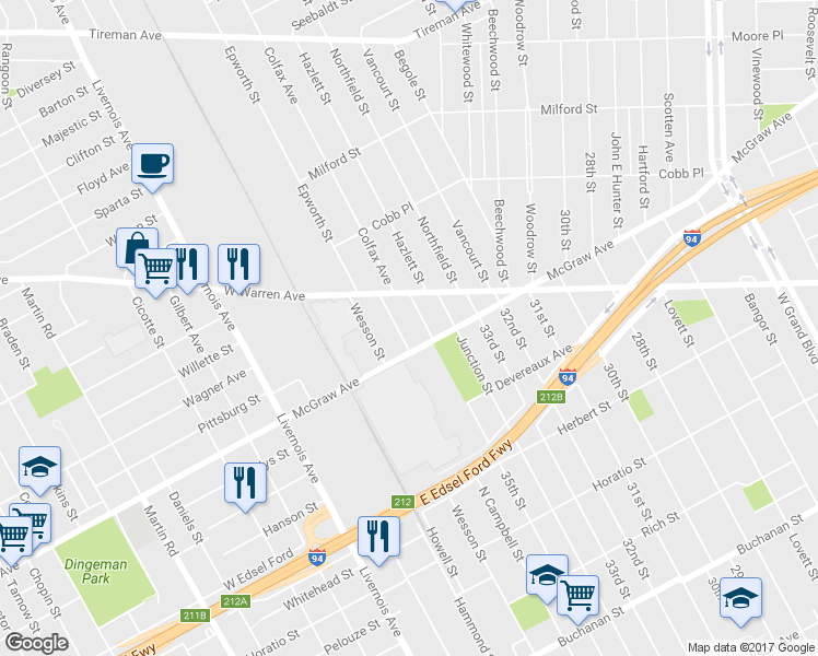 map of restaurants, bars, coffee shops, grocery stores, and more near 5642 North Campbell Street in Detroit