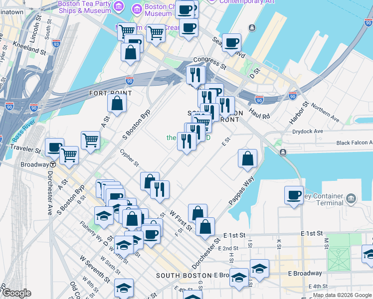 map of restaurants, bars, coffee shops, grocery stores, and more near 400 D Street in Boston