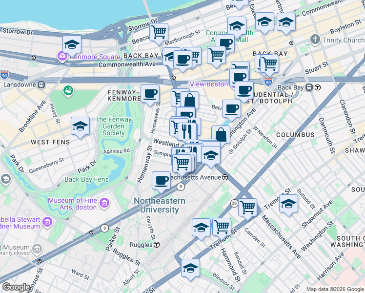 map of restaurants, bars, coffee shops, grocery stores, and more near in Boston
