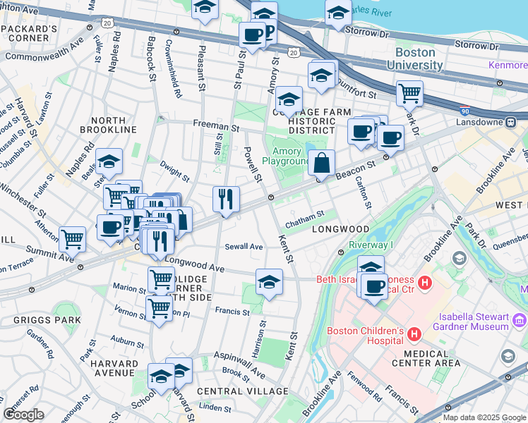 map of restaurants, bars, coffee shops, grocery stores, and more near 1187 Beacon Street in Brookline