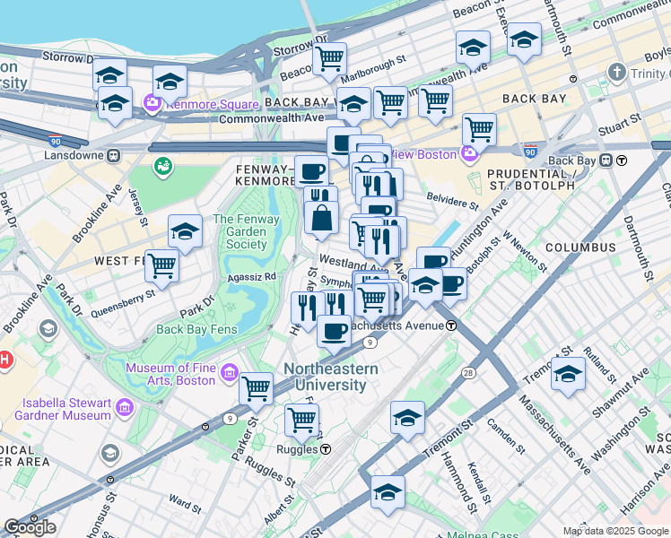 map of restaurants, bars, coffee shops, grocery stores, and more near in Boston
