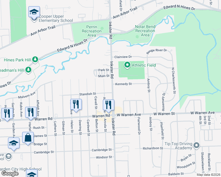 map of restaurants, bars, coffee shops, grocery stores, and more near 7528 Arcola Street in Westland