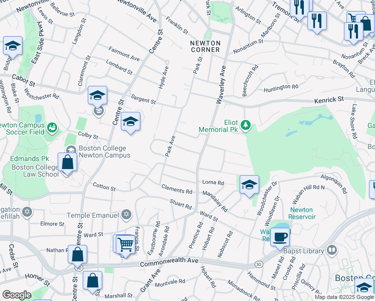 map of restaurants, bars, coffee shops, grocery stores, and more near 26 Brackett Road in Newton