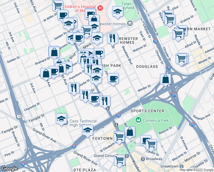 map of restaurants, bars, coffee shops, grocery stores, and more near 79 Alfred Street in Detroit