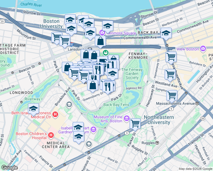 map of restaurants, bars, coffee shops, grocery stores, and more near 119 Jersey Street in Boston