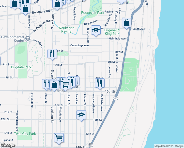 map of restaurants, bars, coffee shops, grocery stores, and more near 842 Wadsworth Avenue in Waukegan