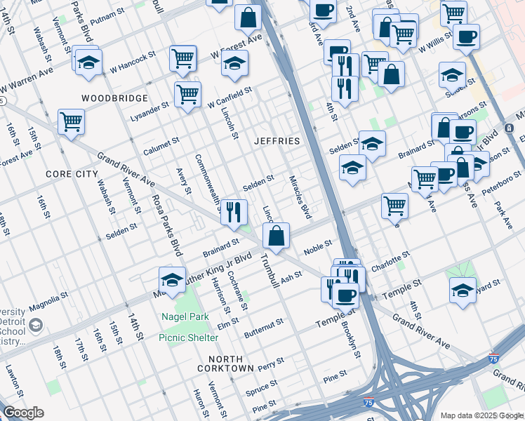 map of restaurants, bars, coffee shops, grocery stores, and more near 3643 Lincoln Street in Detroit