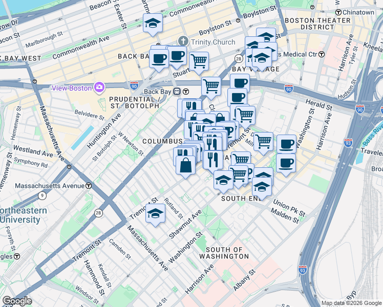 map of restaurants, bars, coffee shops, grocery stores, and more near 7 Dartmouth Street in Boston