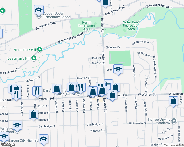 map of restaurants, bars, coffee shops, grocery stores, and more near 7542 Cavell Street in Westland