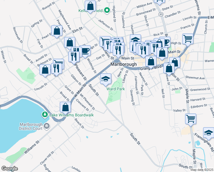 map of restaurants, bars, coffee shops, grocery stores, and more near 45 Hayden St in Marlborough
