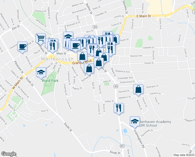 map of restaurants, bars, coffee shops, grocery stores, and more near 99 Howe Street in Marlborough