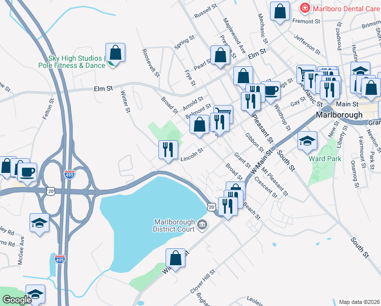 map of restaurants, bars, coffee shops, grocery stores, and more near 571 Lincoln Street in Marlborough