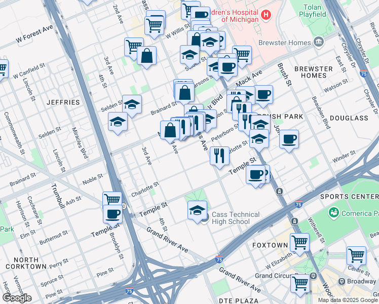 map of restaurants, bars, coffee shops, grocery stores, and more near 475 Peterboro Street in Detroit