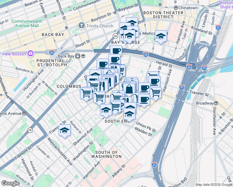 map of restaurants, bars, coffee shops, grocery stores, and more near 3 Hanson Street in Boston