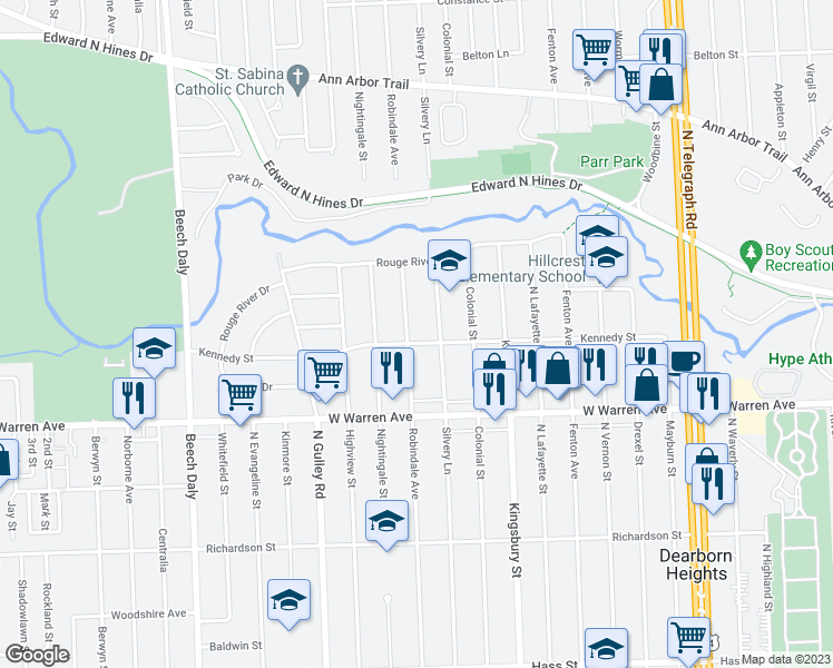 map of restaurants, bars, coffee shops, grocery stores, and more near 7402 Robindale Avenue in Dearborn Heights