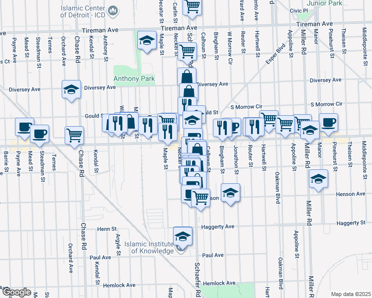 map of restaurants, bars, coffee shops, grocery stores, and more near 7129 Neckel Street in Dearborn
