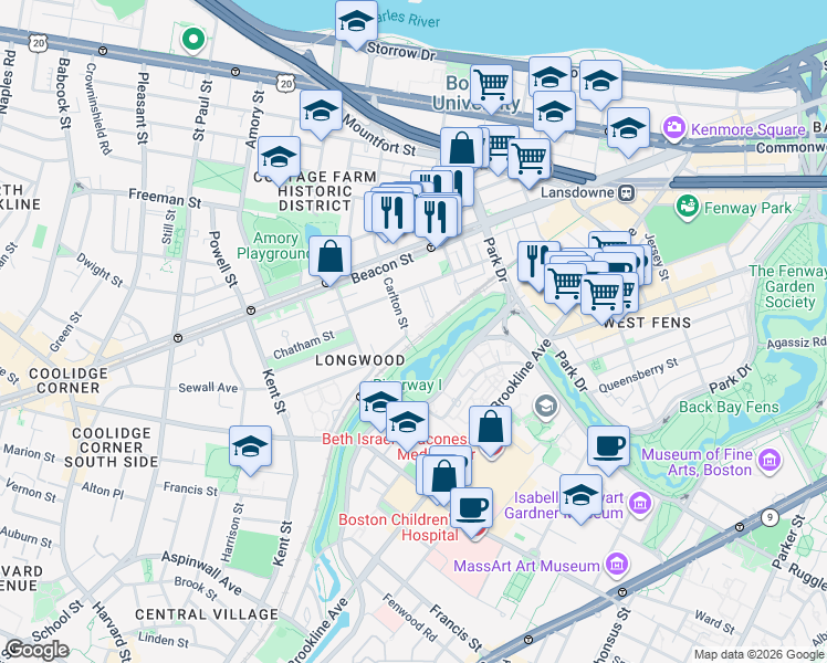 map of restaurants, bars, coffee shops, grocery stores, and more near 3 Carlton Street in Brookline