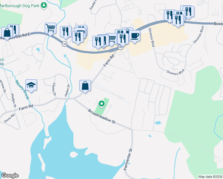 map of restaurants, bars, coffee shops, grocery stores, and more near 66 Airport Boulevard in Marlborough