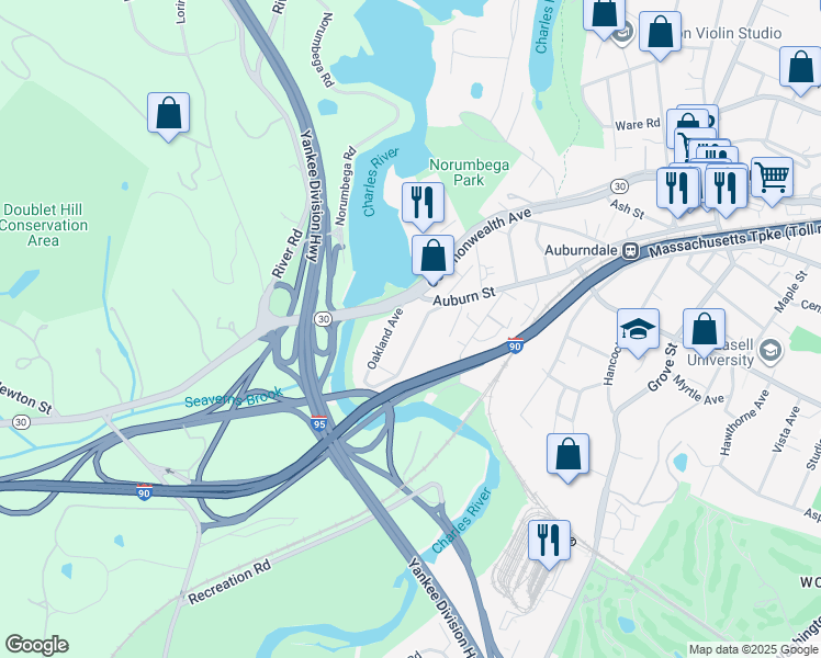 map of restaurants, bars, coffee shops, grocery stores, and more near 37 Evergreen Avenue in Newton