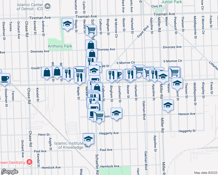 map of restaurants, bars, coffee shops, grocery stores, and more near 7127 Bingham Street in Dearborn