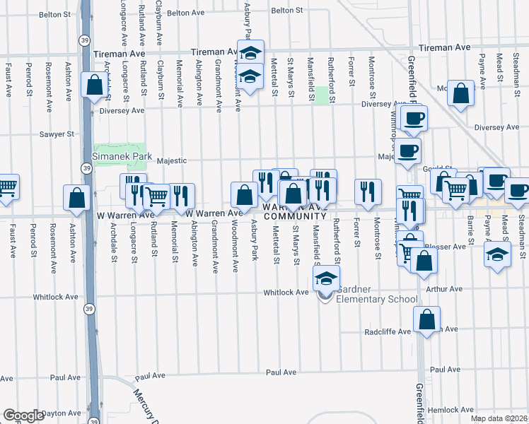 map of restaurants, bars, coffee shops, grocery stores, and more near West Warren Avenue in Detroit