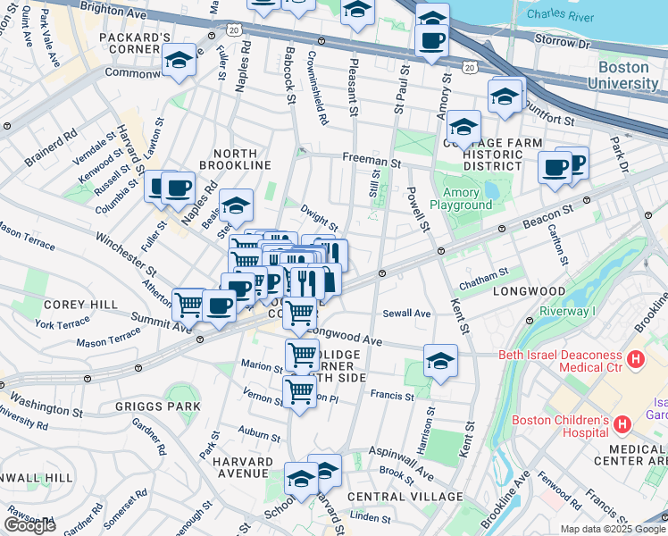 map of restaurants, bars, coffee shops, grocery stores, and more near 31 Pleasant Street in Brookline