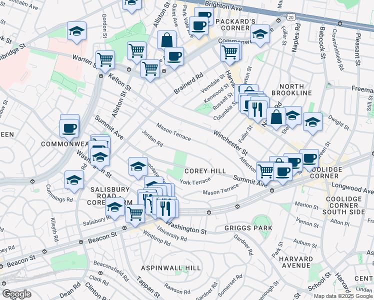 map of restaurants, bars, coffee shops, grocery stores, and more near 71 Jordan Road in Brookline
