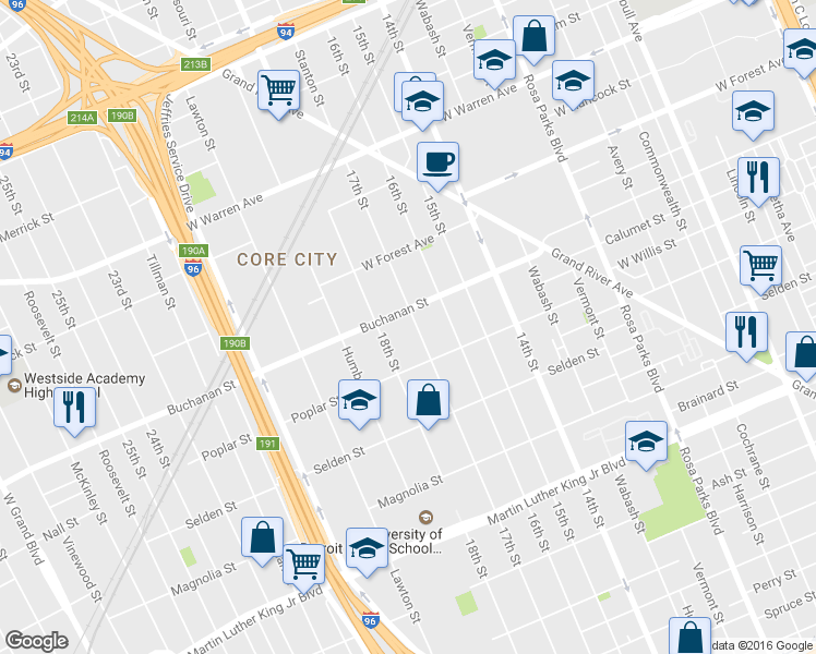 map of restaurants, bars, coffee shops, grocery stores, and more near 4279 17th Street in Detroit