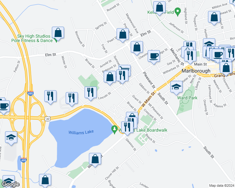 map of restaurants, bars, coffee shops, grocery stores, and more near 84 Broad Street in Marlborough