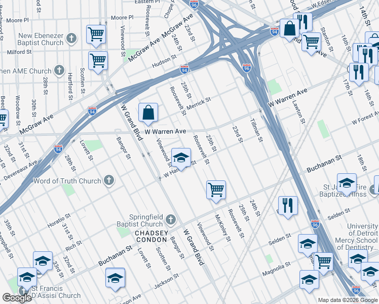 map of restaurants, bars, coffee shops, grocery stores, and more near 4846 McKinley Street in Detroit