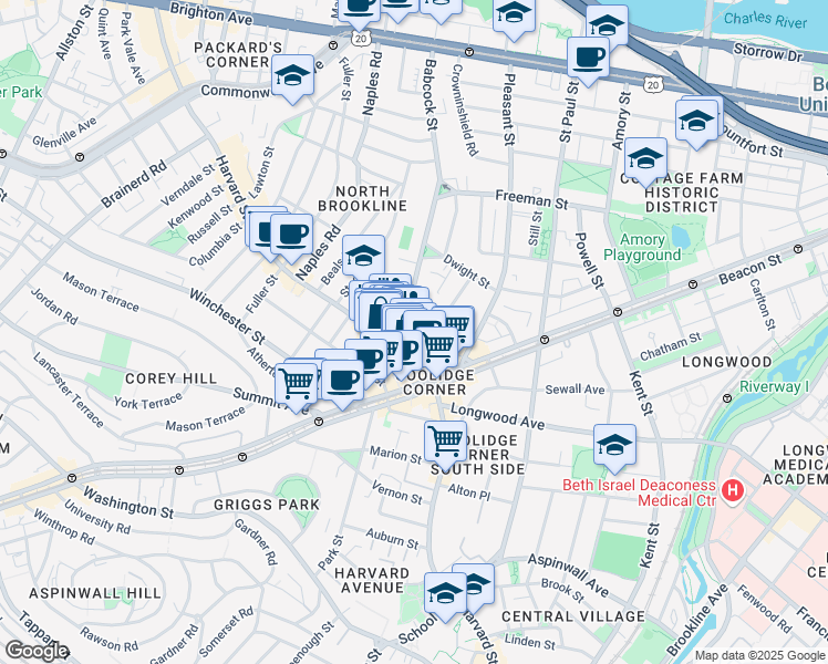 map of restaurants, bars, coffee shops, grocery stores, and more near 301 Harvard Street in Brookline