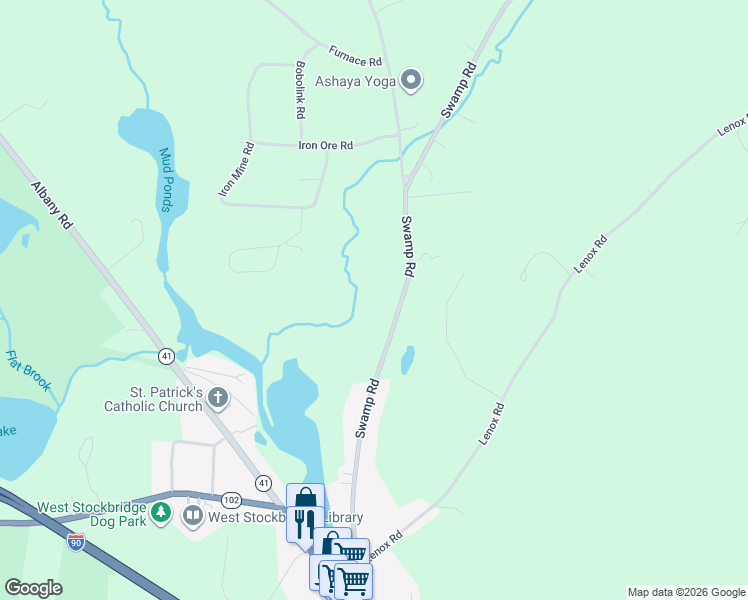 map of restaurants, bars, coffee shops, grocery stores, and more near 45 Swamp Road in West Stockbridge