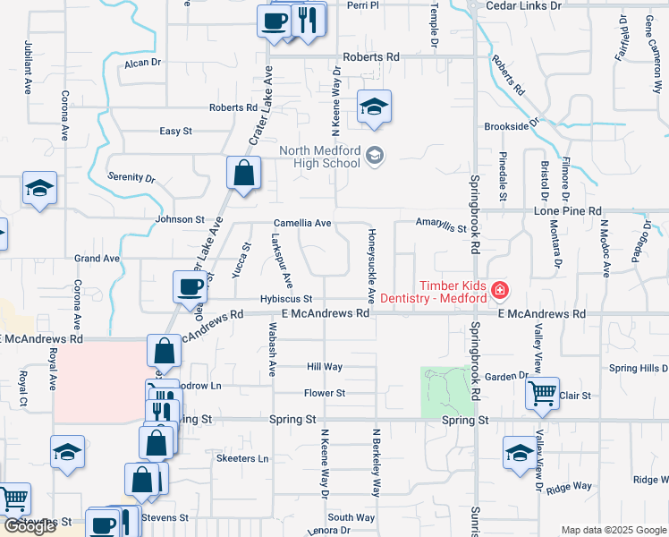 map of restaurants, bars, coffee shops, grocery stores, and more near 1421 North Keeneway Drive in Medford
