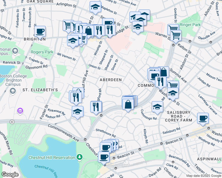 map of restaurants, bars, coffee shops, grocery stores, and more near 100 Nottinghill Road in Boston