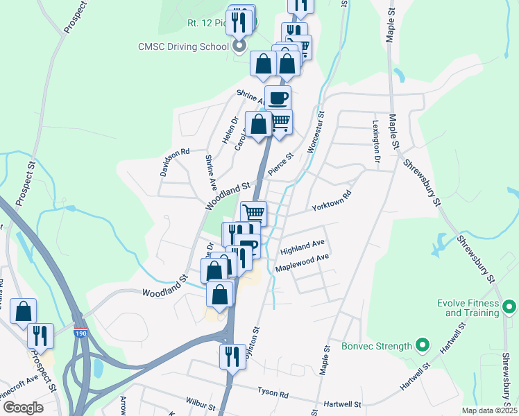 map of restaurants, bars, coffee shops, grocery stores, and more near 287 West Boylston Street in West Boylston