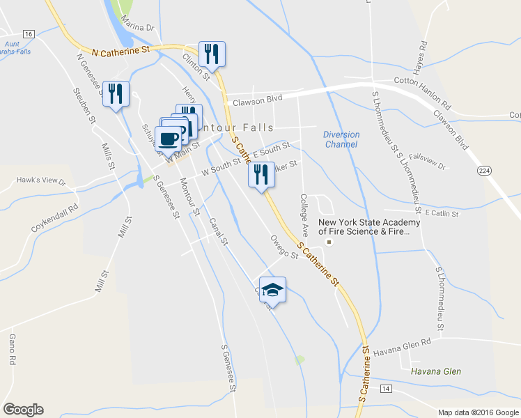 map of restaurants, bars, coffee shops, grocery stores, and more near 244 Owego Street in Montour Falls