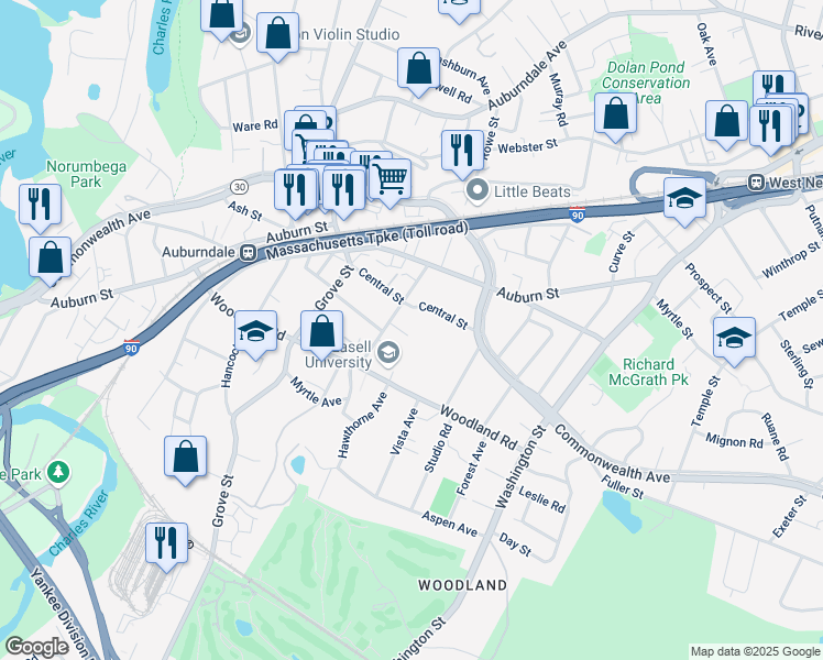 map of restaurants, bars, coffee shops, grocery stores, and more near 19 Berkeley Place in Newton