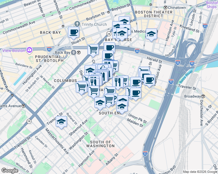 map of restaurants, bars, coffee shops, grocery stores, and more near in Boston