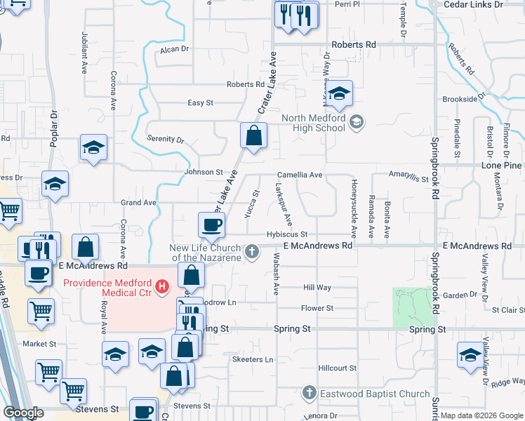 map of restaurants, bars, coffee shops, grocery stores, and more near 1417 Avocado Lane in Medford