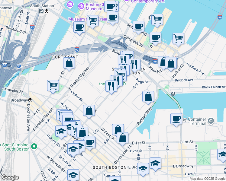 map of restaurants, bars, coffee shops, grocery stores, and more near 393 D Street in Boston