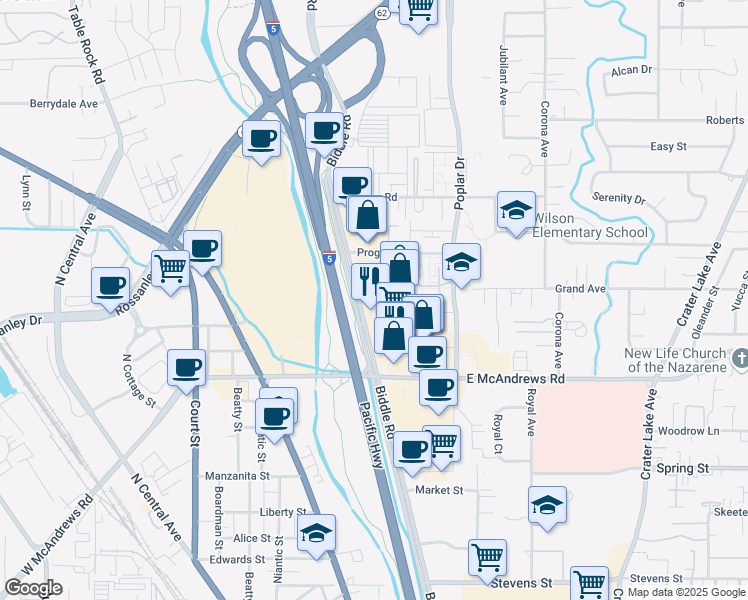 map of restaurants, bars, coffee shops, grocery stores, and more near 1408 Biddle Rd in Medford