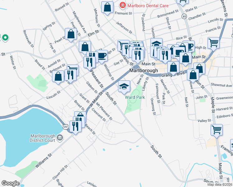 map of restaurants, bars, coffee shops, grocery stores, and more near 14 Emmett Street in Marlborough